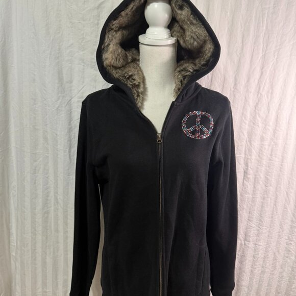 Old Navy Black Vintage Peace Logo Faux Fur Hoodie - Picture 1 of 9